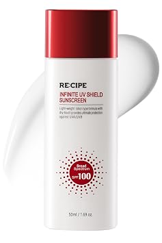 RE:CIPE Infinite UV Shield Protector solar – Protector solar facial revitalizante e hidratante con SPF 100 de amplio espectro – Loción seca ligera sin fundición blanca para todo tipo de piel – Cuidado de la piel coreano 1.69 onzas