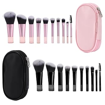 Juego de 20 mini brochas de maquillaje de viaje con bolsa, brochas de maquillaje de viaje portátiles, cepillo cosmético profesional para base, rubor, sombra de ojos (negro rosa)