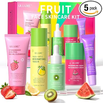 Set de cuidado de la piel para adolescentes y niños, juego de 5 rutinas diarias de frutas, limpiador facial, tónico hidratante, suero facial, crema facial Waterburst y bálsamo labial hidratante