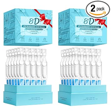 Suero de ácido hialurónico al 4% para cara, ácido hialurónico 8D, suero antienvejecimiento ultra hidratante con 20,000 ppm de acetil hexapéptido-8, ampolla coreana de un solo uso para piel seca y