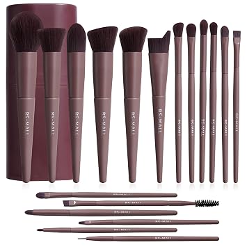 BS-MALL - Juego de 18 brochas de maquillaje con cerdas de fibra sintética de alta calidad y estuche de color negro, ideales para bases, sombras de ojos y coloretes (color marrón)