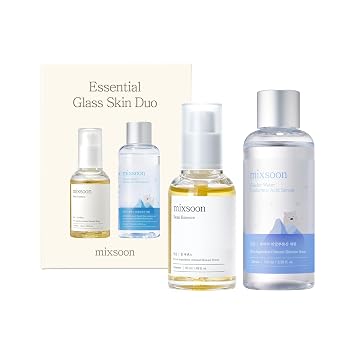 mixsoon Essential Glass Skin Duo Set - Bean Essence + Glacier Water suero de ácido hialurónico, fórmula suave para piel suave y radiante, 150 ml / 5.07 fl. oz. Cuidado de la piel de vidrio coreano