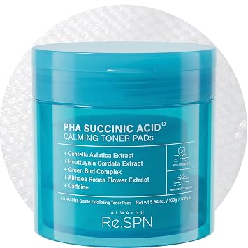 Re.SPN PHA Almohadillas de Tóner Calmante con Ácido Succínico – Exfoliación, Hidratación y Calmante Diario con CICA, Cafeína, No Comedogénico, Vegano, Piel de Cristal, K-Beauty (70 Unidades)