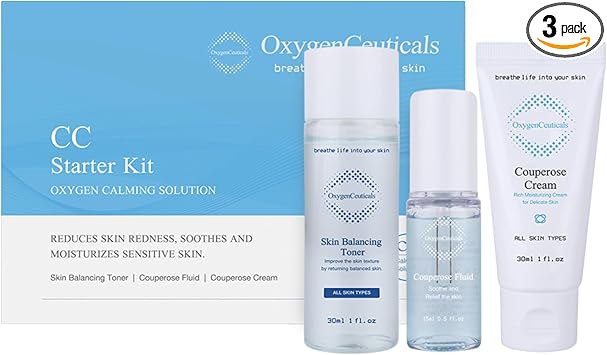 OxygenCeuticals CC Starter Kit - Tónico para el equilibrio de la piel de 1.0 fl oz + líquido de cuperosa de 0.5 fl oz + crema de cuperosa de 1.0 fl oz, alivio del enrojecimiento y alivio de la piel