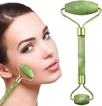 Rodillo de jade y Gua Sha, rodillo facial, rodillo de jade para cara y juego de Gua Sha, rodillo de masaje facial de belleza, anti guiños, piedra de jade natural (verde oscuro)