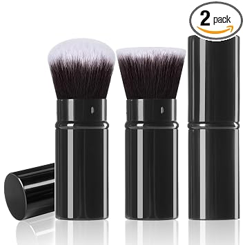 Keriloo Paquete de 2 brochas de maquillaje retráctiles, brochas de maquillaje Kabuki de viaje para base de polvo, brochas de rubor facial para mezclar líquidos, rubor, bronceador, difuminar, protector