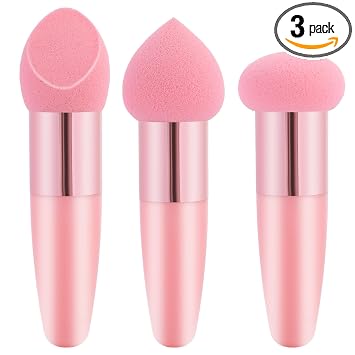 Esponja de base de maquillaje, esponja de maquillaje rosa, corrector cosmético, cepillo facial con cepillo aplicador de mango, 3 unidades