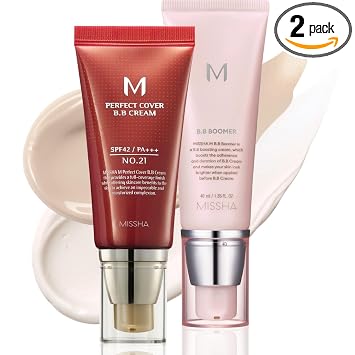 MISSHA BB ESSENTIALS KIT M PERFECT COVER BB CREAM No.21 Beige claro - Claro con Subtono Frío/SPF 42 PA+++ 1.69 oz y M BB Boomer 1.35 oz - Ligero, multifunción, alta cobertura