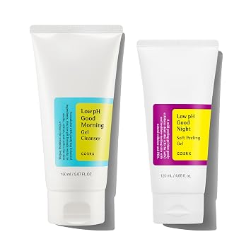 COSRX Rutina de cuidado de la piel matutina: limpiador en gel Good Morning de pH bajo + gel suave de peeling suave de pH bajo, limpia y exfolia la piel sensible, PHA, cuidado de la piel coreano