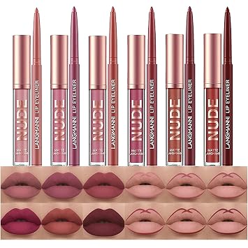 BestLand Juego de 12 lápices labiales líquidos mate + bolígrafos delineadores de labios, aterciopelados, color nude, impermeable, de larga duración, juego de regalo de maquillaje