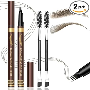 2PCS Microblading Pluma de cejas de cuatro puntas con 2 cepillos (marrón medio)
