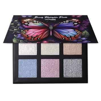 UCANBE Paleta de maquillaje iluminador de belleza, paleta de maquillaje en polvo brillante, 6 colores, perla, blanco, rubio, azul, morado, plateado, paleta iluminadora facial, suave, de larga duración, impermeable, kit de bronceador