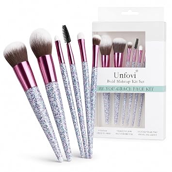 Juego de 6 brochas de maquillaje con 2 esponjas de belleza y mango de cristal brillante, kit de brochas cosméticas esenciales diarias para base profesional, corrector, sombra de ojos, rubor en polvo (morado)