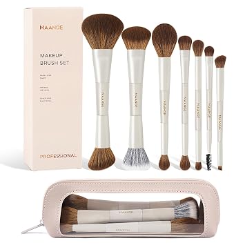 MAANGE Juego de brochas de maquillaje, 14 en 7, brochas de maquillaje esenciales de doble punta para correctores de polvo, sombras de ojos, rubor, brochas de maquillaje con estuche de maquillaje de viaje