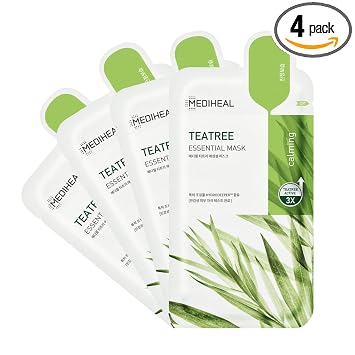 Mediheal La mejor mascarilla coreana oficial de hoja – Máscara facial esencial de árbol de té, 4 hojas de tratamiento calmante para la piel, control de sebo para todo tipo de piel