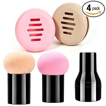 BESTLA Juego de 4 esponjas de maquillaje de hongos, 2 esponjas de maquillaje con mango y 2 fundas de silicona para licuadora