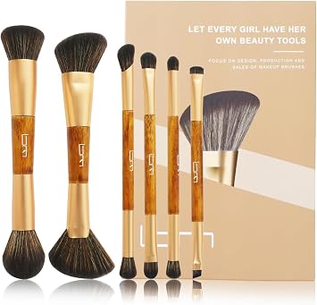 Juego de brochas de maquillaje de viaje con bolsa, 5 piezas de mini brochas cosméticas portátiles de doble punta para base, sombra de ojos, labios, rubor profesional (negro) (amarillo)