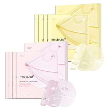 medicube Juego de máscaras de gelatina que cambian de color para un tono de piel desigual y brillo radiante: máscara de gel de gelatina de colágeno rosa PDRN de ADN de salmón (4ea) y máscara de gel de