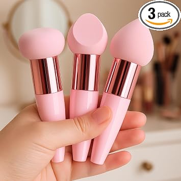 3 Pcs Makeup Sponge with Handle, Pink Cosmetic Sponges Set, Wet & Dry Makeup Blender Sponge Applicators for Foundation, Concealer, Powder, Cream, Non-Slip Grip
