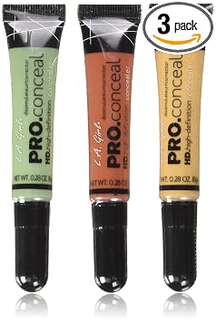 L.A. Girl Set de correctores pro, correctores color naranja, amarillo y verde con fusionador de maquillaje Tweezty® Beauty, Juego de 3 piezas