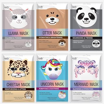 Epielle Paquete de 6 máscaras faciales de personaje de safari místico, divertido y eficaz, cuidado de la piel coreano, recuerdos de fiesta de spa, regalos de cumpleaños para mujeres