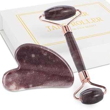 Rodillo de jade para cara, masajeador facial para el cuidado de la piel, herramientas faciales Gua Sha para cara, cuello, ojos, reduce la hinchazón de la piel (morado)