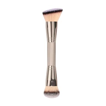 Brocha de maquillaje de doble extremo, base en ángulo 2 en 1 y brocha redonda para polvo, líquidos, crema y contorno, cerdas sintéticas suaves para mezclar y pulir (oro champán)