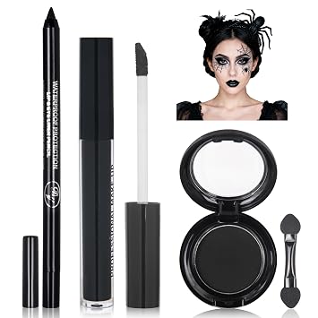 Paleta de sombras de ojos color negro líquido lápiz labial delineador de ojos con mini cepillo, sombra de ojos ahumada, brillo de labios negro, a prueba de manchas de larga duración, adecuado para Halloween, cosplay, maquillaje de bruja gótica