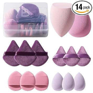 BS-MALL - Juego de esponjas de maquillaje, 14 esponjas de mezcla de belleza sin látex con estuche de viaje, esponja de maquillaje suave para base, corrector, crema y polvo, mezcla de cara y ojos para pieles sensibles
