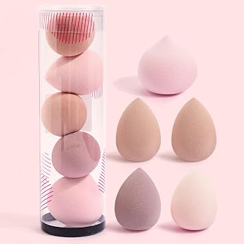 Powder Puff and Makeup Sponges Set, 5PCS Reusable Face Makeup Sponge Blender with Strap, Wet/Dry Use for Foundation & Powder (Pink)