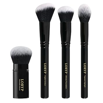 LORYP Juego de 4 brochas de maquillaje profesional para rostro completo con brocha Kabuki retráctil tipo aerógrafo para polvo, líquido, crema, brocha para rubor angular, brocha para base, brocha para