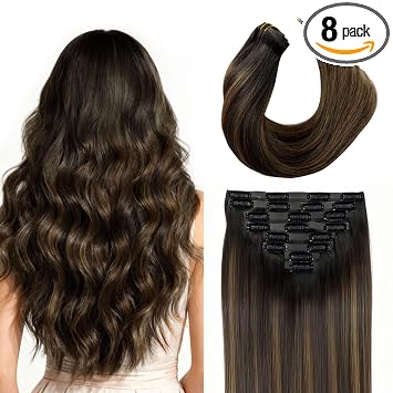 Extensiones invisibles de trama de poliuretano con clip, 16 pulgadas, 4.23 oz, 8 unidades, cabello humano Remy real sin costuras, balayage, negro natural a castaño castaño, pinzas de cabello