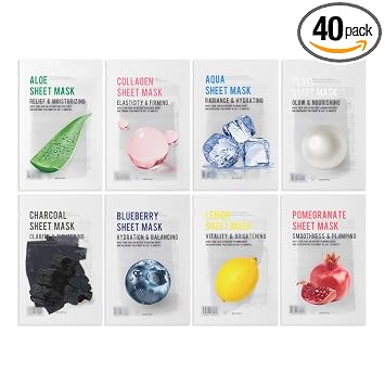 EUNYUL Purity Sheet - Paquete variado de 40 mascarillas (8 tipos x 5 hojas), mascarillas coreanas hidratantes y nutritivas con aloe, carbón, colágeno, limón, granada, perla, arándano, aguamarina