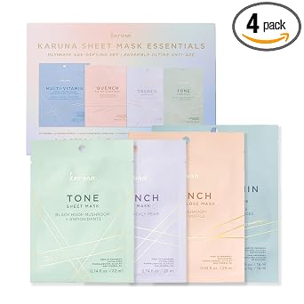 Karuna Paquete de 4 mascarillas esenciales de hoja – K-Beauty - Juego variado de mascarillas antienvejecimiento con raíz de peonía, centella, hongo de nieve y ceramidas, juego de mascarillas