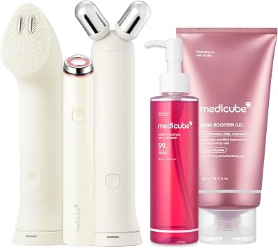 medicube Juego de dispositivo y cuidado de la piel 3 en 1 (beige) Mini Booster Pro Plus Full Set Beige, limpiador PDRN Jelly to Foam y gel potenciador PDRN | Limpia, estimula y limpia los poros para